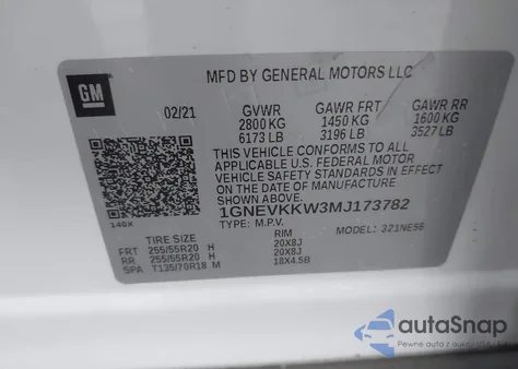 2021 Chevrolet Traverse Awd Premier z USA, uszkodzony, nr VIN 1GNEVKKW3MJ173782